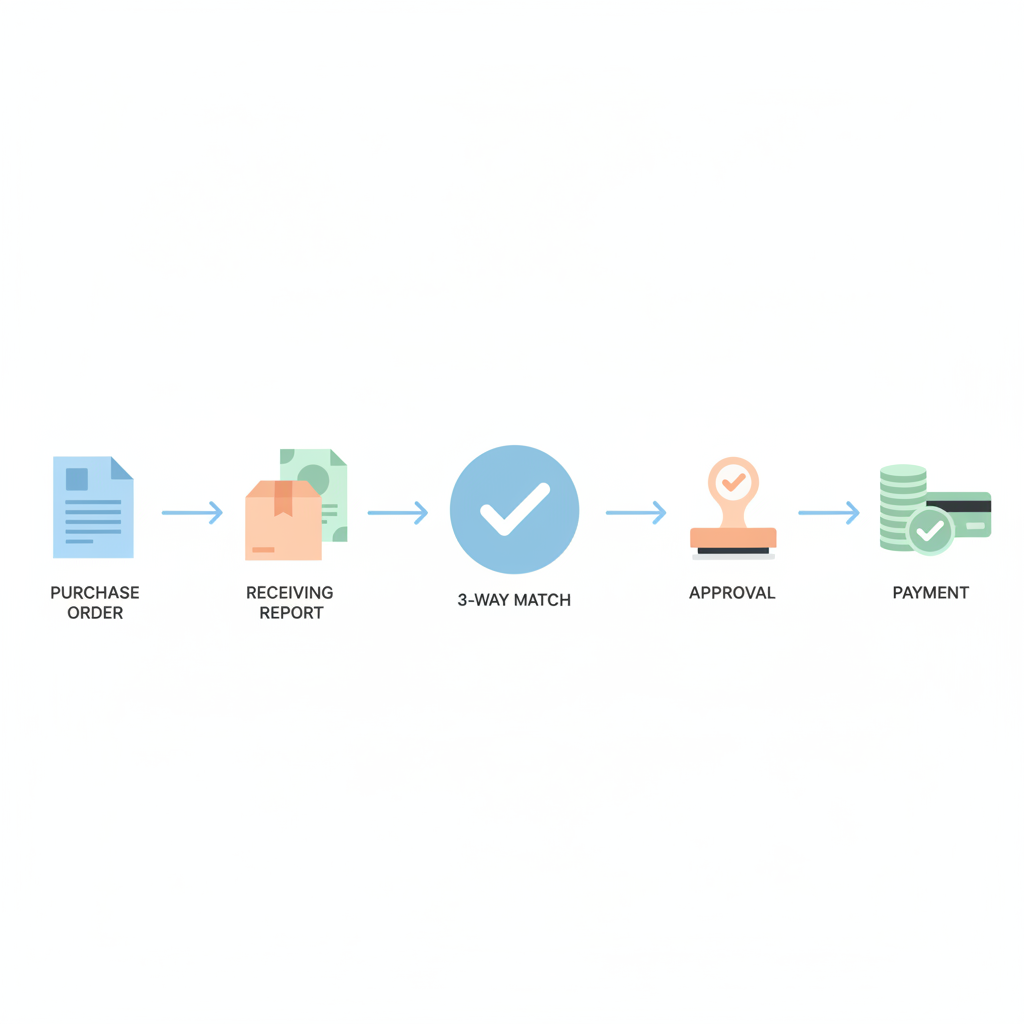 Flowchart showing the complete 3-way matching workflow from PO creation through payment