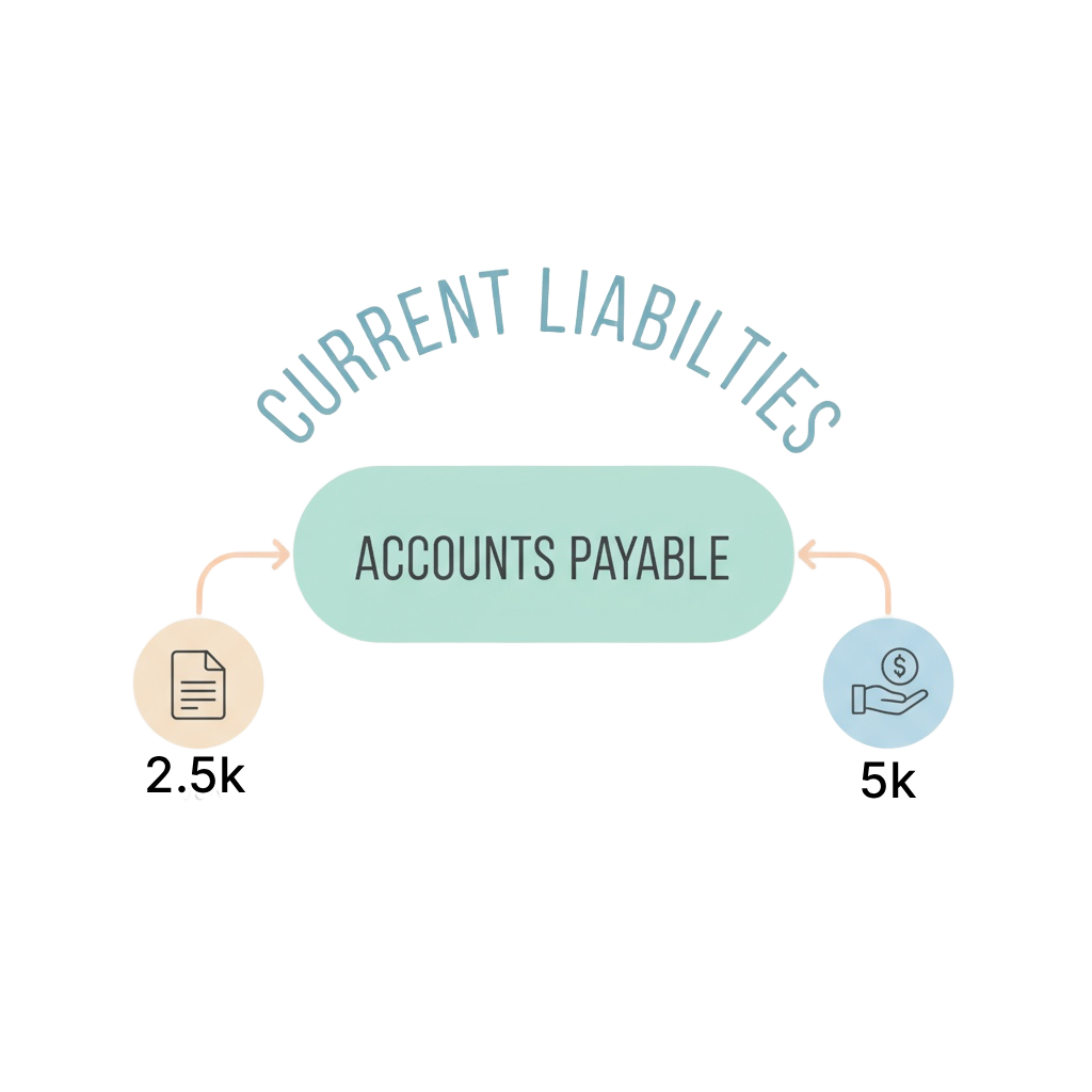 Balance sheet showing Accounts Payable under Current Liabilities with example invoices