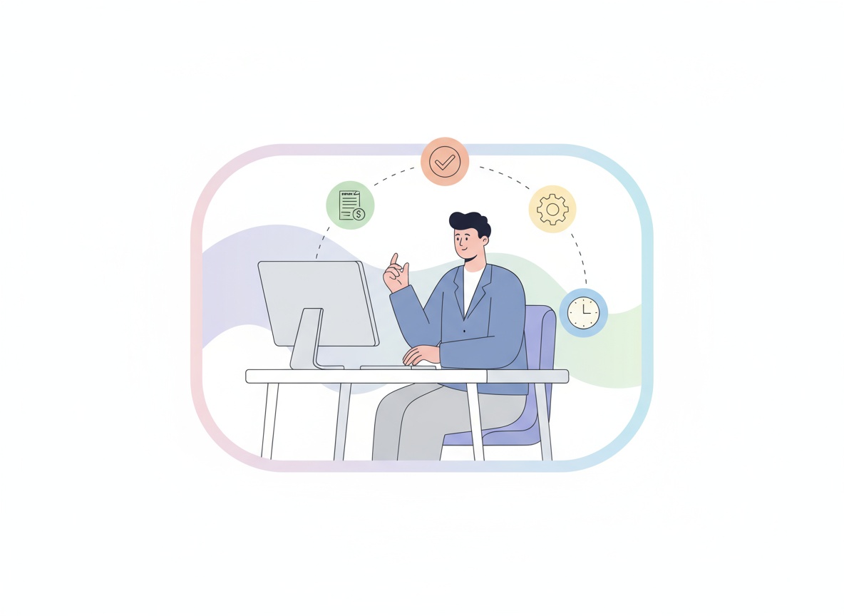 Illustration of a person managing accounts payable with floating icons for invoices, payments, and automation.