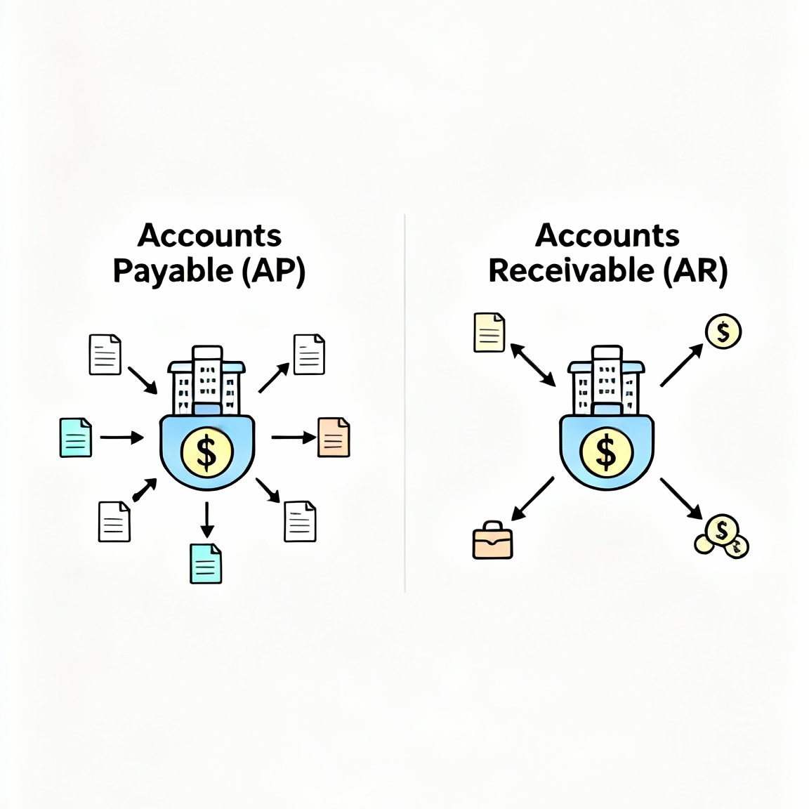 Side-by-side comparison of Accounts Payable and Accounts Receivable showing money flow, balance sheet classification, and examples